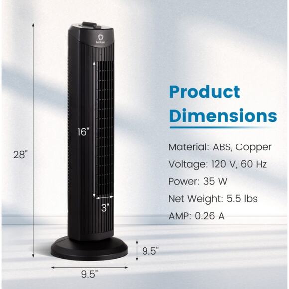 Fantask Quiet Bladeless Tower Fan 28" Oscillating Desk Table Home Office - Picture 3 of 4